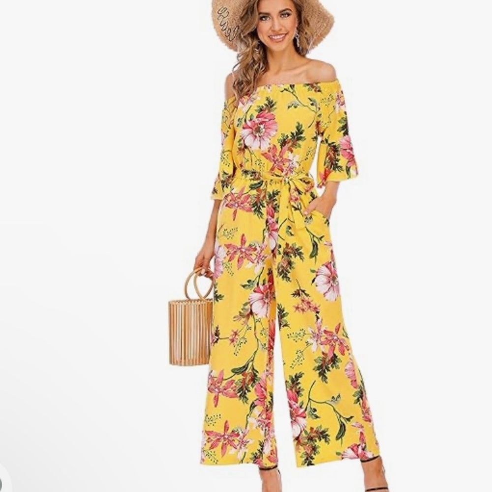 Yellow floral off the shoulder jumpsuit 2XL NWT
